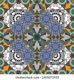 Square seamless pattern composition in green, blue and gray colors for kerchief with floral motif. Vector illustration.