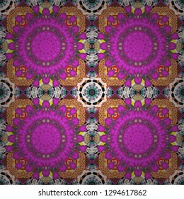 Square seamless pattern composition in magenta, green and brown colors for kerchief with floral motif. Vector illustration.