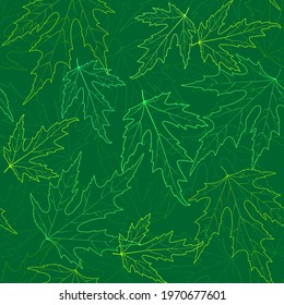 Square seamless pattern with the contours of the leaves of the sugar maple on an emerald background. Vector pattern for backgrounds, fabrics, wrapping paper, napkins, banners, covers, etc.