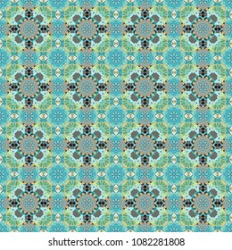 Square seamless pattern design for pillow, carpet, rug. Design for silk neck scarf, kerchief, hanky. Abstract tiles with patterns in beige, gray and blue colors. Vector illustration.