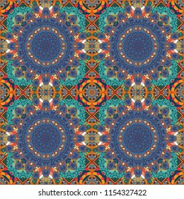 Square seamless pattern design for pillow, carpet, rug. Vector illustration. Design for silk neck scarf, kerchief, hanky. Abstract tiles with patterns in orange, blue and violet colors.