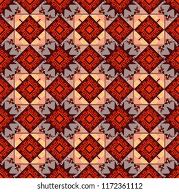 Square seamless pattern design for pillow, carpet, rug. Design for silk neck scarf, kerchief, hanky. Vector illustration. Abstract tiles with patterns in brown, orange and red colors.