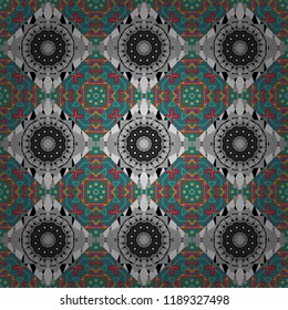Square seamless pattern design for pillow, carpet, rug. Design for silk neck scarf, kerchief, hanky. Abstract tiles with patterns in brown, gray and blue colors. Vector illustration.