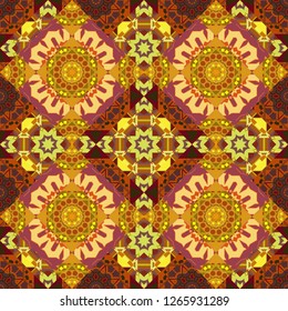 Square seamless pattern design for pillow, carpet, rug. Design for silk neck scarf, kerchief, hanky. Abstract tiles with patterns in orange, brown and yellow colors. Vector illustration.
