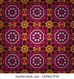 Square seamless pattern design for pillow, carpet, rug. Abstract tiles with patterns in brown, pink and red colors. Design for silk neck scarf, kerchief, hanky. Vector illustration.