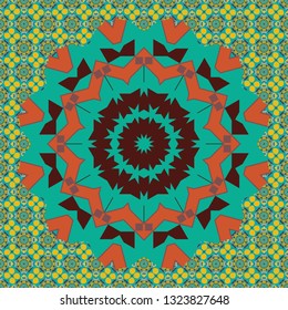 Square seamless pattern design for pillow, carpet, rug. Design for silk neck scarf, kerchief, hanky. Abstract tiles with patterns in green, brown and yellow colors. Vector illustration.