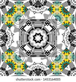 Square seamless pattern design for pillow, carpet, rug. Abstract tiles with patterns in blue, beige and gray colors. Design for silk neck scarf, kerchief, hanky. Vector illustration.