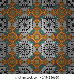 Square seamless pattern design for pillow, carpet, rug. Abstract tiles with patterns in blue, gray and orange colors. Vector illustration. Design for silk neck scarf, kerchief, hanky.