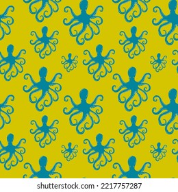 Square seamless pattern Hand drawn  octopus. Seafood shop, restaurant menu, fish market, banner, fabric, textile print, poster design template. Fresh shellfish products. Trendy Vector illustration.