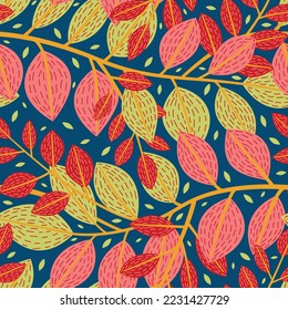 Square seamless pattern with leafy tree branches. Ornate ornament. Suitable for fabric, cards, invitations, background.