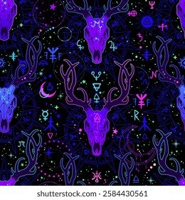 Square seamless pattern of magic symbols and deer skulls