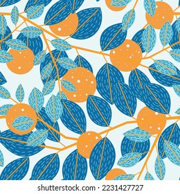 Square seamless pattern with orange tree branches and oranges. Ornate ornament. Suitable for fabric, cards, invitations, background.