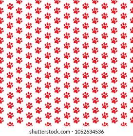 Square seamless pattern of red animal paw prints on white background. Vector illustration, template, poster, banner, cats or dogs paw walking track print for fabric, wrapping paper, wallpaper.