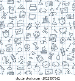 Square seamless pattern with school icons on paper background, vector eps10 illustration