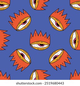 square seamless pattern -sinister eyes for Halloween.Devil eyes in 1970s psychedelic style.Groovy and funky print ornament.A look from a horror movie. Mystical esoteric eye.Witches,astrology and tarot