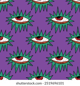 square seamless pattern -sinister eyes for Halloween.Devil eyes in 1970s psychedelic style.Groovy and funky print ornament.A look from a horror movie. Mystical esoteric eye.Witches,astrology and tarot