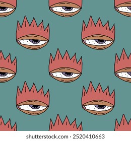 square seamless pattern -sinister eyes for Halloween.Devil eyes in 1970s psychedelic style.Groovy and funky print ornament.A look from a horror movie. Mystical esoteric eye.Witches,astrology and tarot