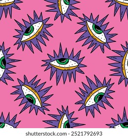 square seamless pattern -sinister eyes for Halloween.Devil eyes in 1970s psychedelic style.Groovy and funky print ornament.A look from a horror movie. Mystical esoteric eye.Witches,astrology and tarot