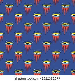 square seamless pattern -sinister eyes for Halloween.Devil eyes in 1970s psychedelic style.Groovy and funky print ornament.A look from a horror movie. Mystical esoteric eye.Witches,astrology and tarot