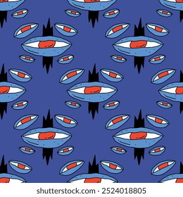 square seamless pattern -sinister eyes for Halloween.Devil eyes in 1970s psychedelic style.Groovy and funky print ornament.A look from a horror movie. Mystical esoteric eye.Witches,astrology and tarot