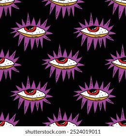 square seamless pattern -sinister eyes for Halloween.Devil eyes in 1970s psychedelic style.Groovy and funky print ornament.A look from a horror movie. Mystical esoteric eye.Witches,astrology and tarot