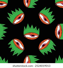 square seamless pattern -sinister eyes for Halloween.Devil eyes in 1970s psychedelic style.Groovy and funky print ornament.A look from a horror movie. Mystical esoteric eye.Witches,astrology and tarot