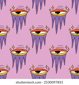 square seamless pattern -sinister eyes for Halloween.Devil eyes in 1970s psychedelic style.Groovy and funky print ornament.A look from a horror movie. Mystical esoteric eye.Witches,astrology and tarot