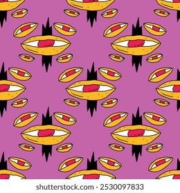 square seamless pattern -sinister eyes for Halloween.Devil eyes in 1970s psychedelic style.Groovy and funky print ornament.A look from a horror movie. Mystical esoteric eye.Witches,astrology and tarot