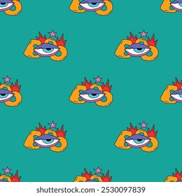 square seamless pattern -sinister eyes for Halloween.Devil eyes in 1970s psychedelic style.Groovy and funky print ornament.A look from a horror movie. Mystical esoteric eye.Witches,astrology and tarot