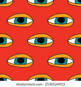 square seamless pattern -sinister eyes for Halloween.Devil eyes in 1970s psychedelic style.Groovy and funky print ornament.A look from a horror movie. Mystical esoteric eye.Witches,astrology and tarot