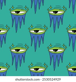 square seamless pattern -sinister eyes for Halloween.Devil eyes in 1970s psychedelic style.Groovy and funky print ornament.A look from a horror movie. Mystical esoteric eye.Witches,astrology and tarot