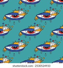 square seamless pattern -sinister eyes for Halloween.Devil eyes in 1970s psychedelic style.Groovy and funky print ornament.A look from a horror movie. Mystical esoteric eye.Witches,astrology and tarot