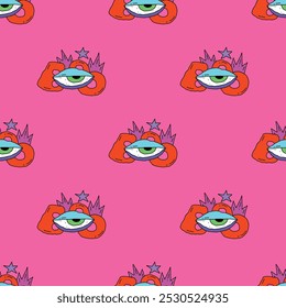 square seamless pattern -sinister eyes for Halloween.Devil eyes in 1970s psychedelic style.Groovy and funky print ornament.A look from a horror movie. Mystical esoteric eye.Witches,astrology and tarot