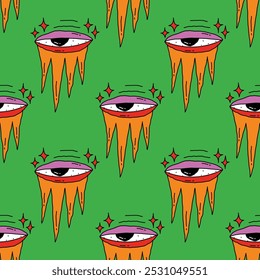 square seamless pattern -sinister eyes for Halloween.Devil eyes in 1970s psychedelic style.Groovy and funky print ornament.A look from a horror movie. Mystical esoteric eye.Witches,astrology and tarot