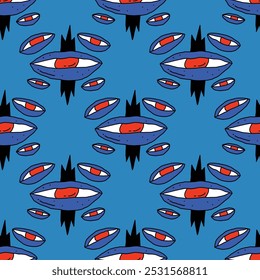 square seamless pattern -sinister eyes for Halloween.Devil eyes in 1970s psychedelic style.Groovy and funky print ornament.A look from a horror movie. Mystical esoteric eye.Witches,astrology and tarot