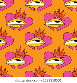 square seamless pattern -sinister eyes for Halloween.Devil eyes in 1970s psychedelic style.Groovy and funky print ornament.A look from a horror movie. Mystical esoteric eye.Witches,astrology and tarot