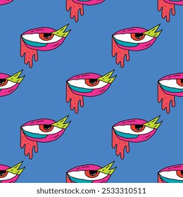 square seamless pattern -sinister eyes for Halloween.Devil eyes in 1970s psychedelic style.Groovy and funky print ornament.A look from a horror movie. Mystical esoteric eye.Witches,astrology and tarot