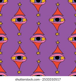 square seamless pattern -sinister eyes for Halloween.Devil eyes in 1970s psychedelic style.Groovy and funky print ornament.A look from a horror movie. Mystical esoteric eye.Witches,astrology and tarot