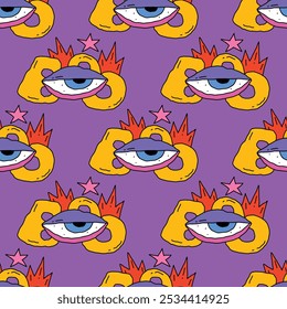 square seamless pattern -sinister eyes for Halloween.Devil eyes in 1970s psychedelic style.Groovy and funky print ornament.A look from a horror movie. Mystical esoteric eye.Witches,astrology and tarot