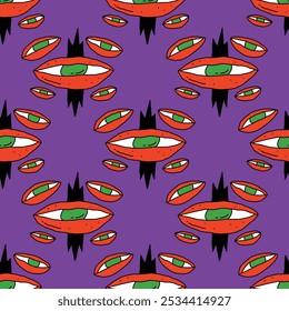 square seamless pattern -sinister eyes for Halloween.Devil eyes in 1970s psychedelic style.Groovy and funky print ornament.A look from a horror movie. Mystical esoteric eye.Witches,astrology and tarot