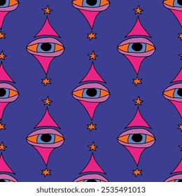 square seamless pattern -sinister eyes for Halloween.Devil eyes in 1970s psychedelic style.Groovy and funky print ornament.A look from a horror movie. Mystical esoteric eye.Witches,astrology and tarot