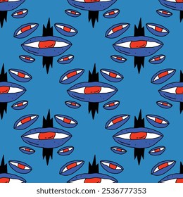 square seamless pattern -sinister eyes for Halloween.Devil eyes in 1970s psychedelic style.Groovy and funky print ornament.A look from a horror movie. Mystical esoteric eye.Witches,astrology and tarot