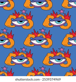 square seamless pattern -sinister eyes for Halloween.Devil eyes in 1970s psychedelic style.Groovy and funky print ornament.A look from a horror movie. Mystical esoteric eye.Witches,astrology and tarot