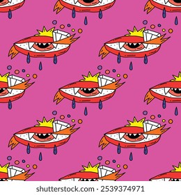 square seamless pattern -sinister eyes for Halloween.Devil eyes in 1970s psychedelic style.Groovy and funky print ornament.A look from a horror movie. Mystical esoteric eye.Witches,astrology and tarot