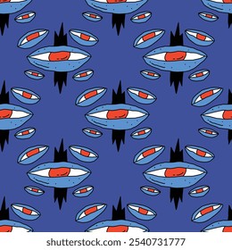 square seamless pattern -sinister eyes for Halloween.Devil eyes in 1970s psychedelic style.Groovy and funky print ornament.A look from a horror movie. Mystical esoteric eye.Witches,astrology and tarot