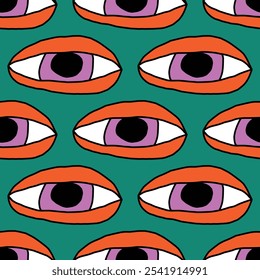 square seamless pattern -sinister eyes for Halloween.Devil eyes in 1970s psychedelic style.Groovy and funky print ornament.A look from a horror movie. Mystical esoteric eye.Witches,astrology and tarot