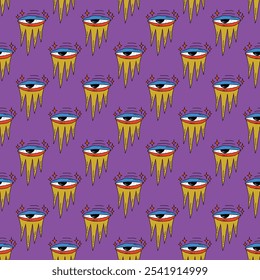 square seamless pattern -sinister eyes for Halloween.Devil eyes in 1970s psychedelic style.Groovy and funky print ornament.A look from a horror movie. Mystical esoteric eye.Witches,astrology and tarot