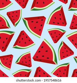 Square seamless pattern with slices of watermelon on a blue background. Vector pattern for decorating fabrics, wallpapers, napkins, wrapping paper, flyers, banners, wrapping paper and gift bags.