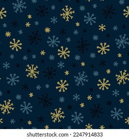 Square seamless pattern with snowflakes on a dark blue background in hand drawn style.