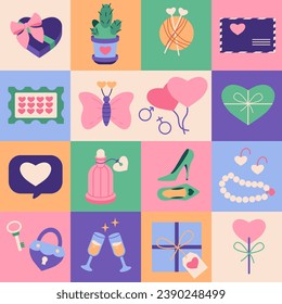 Quadratisches nahtloses Muster für Valentinstag. Liebe und Herz. Handgezeichnete Vektorelemente im Retro-Stil